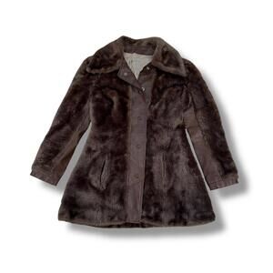 Vintage Brown Leather Trim Faux Fur Coat